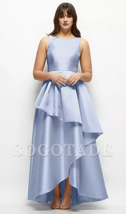 Asymmetric layering and floor length satin Prom dress