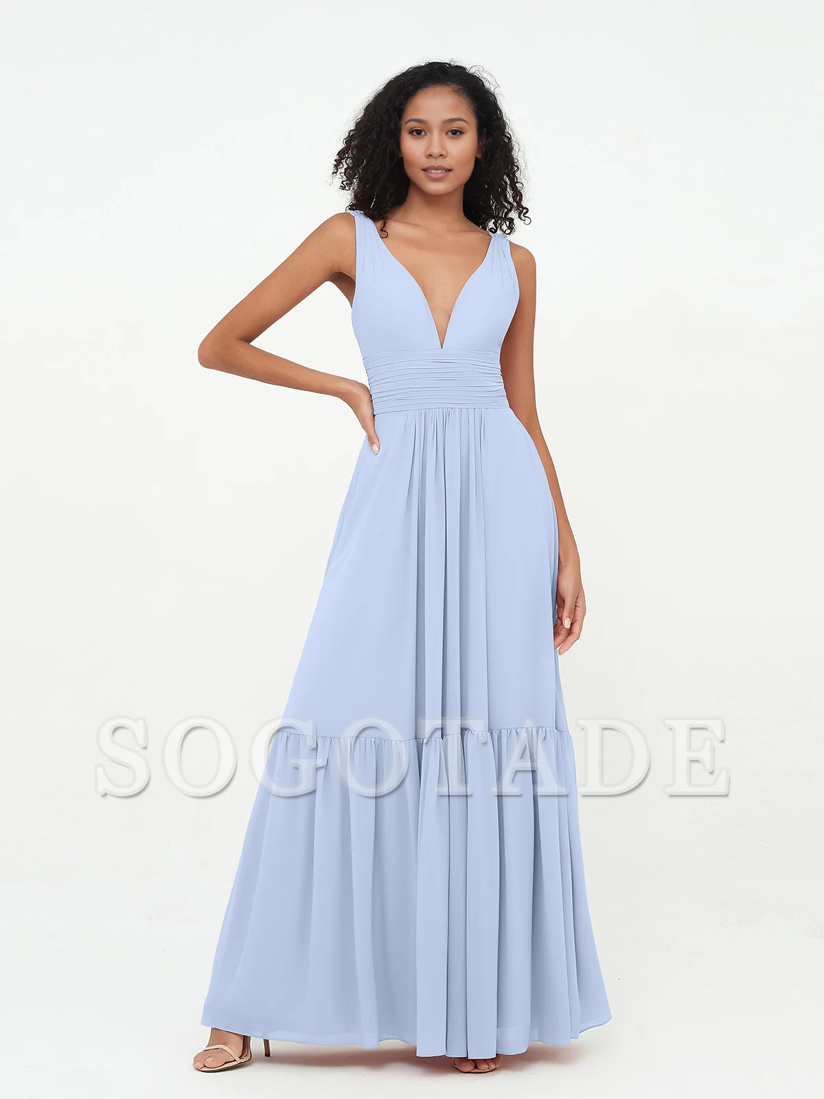 Deep V-neck chiffon layered skirt Bohemian style dress