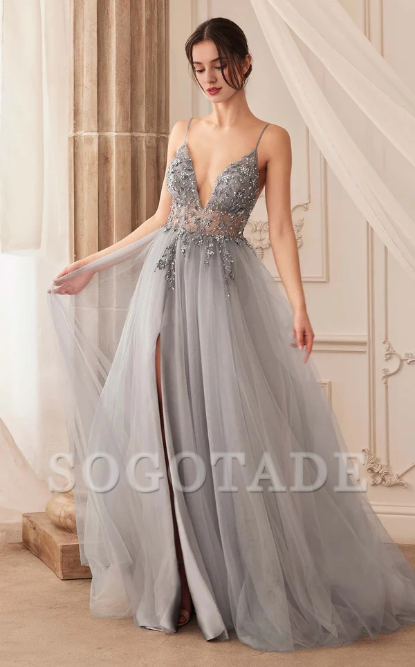 A-line deep V-neck embroidered chiffon thin shoulder strap chiffon prom dress-SOGOTADE