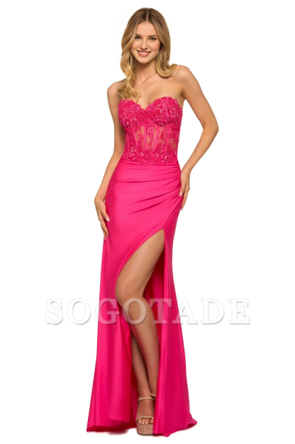Strapless fit lace corset with slit and floor length Prom dress