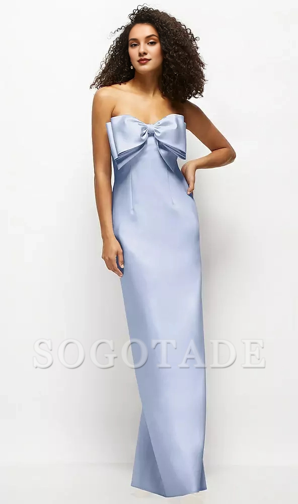 Handmade oversized bow strapless satin long bridesmaid dress
