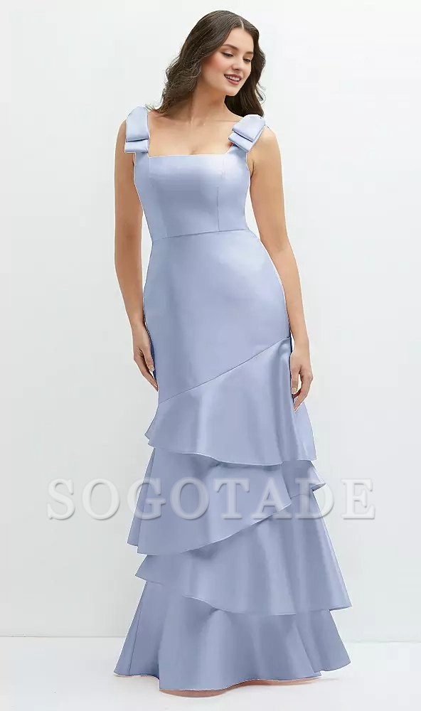 Asymmetric layered skirt with bow shoulder satin Prom dress