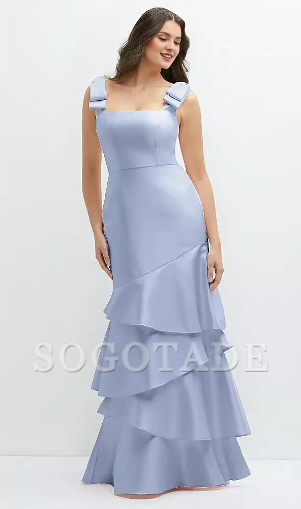 Asymmetric layered skirt with bow shoulder satin Prom dress