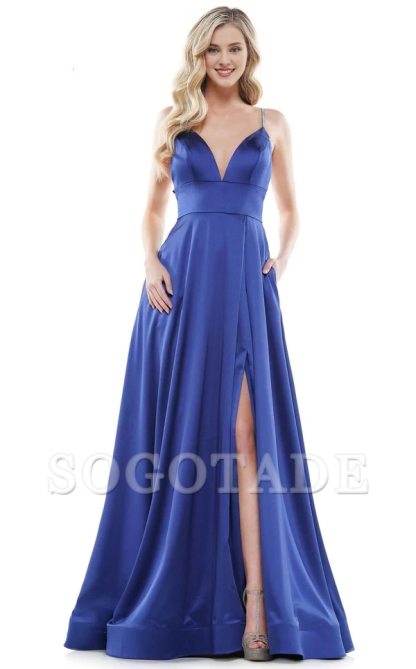 A-line V-neck sleeveless tight corset with side slits and floor length evening gown