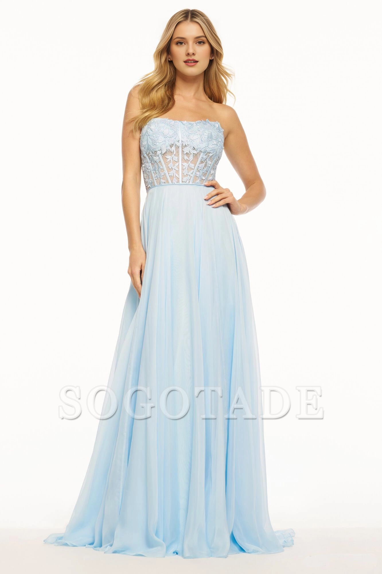 Strapless leaf lace tight corset chiffon and floor length Prom dress