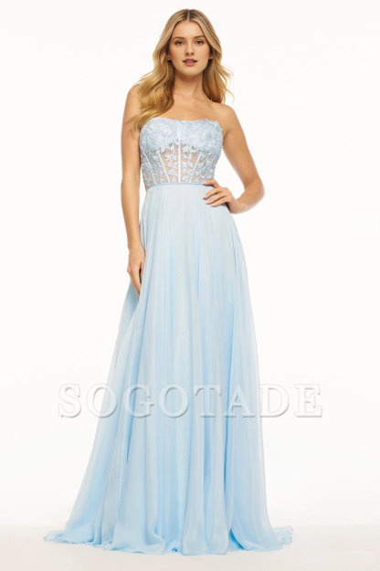 Strapless leaf lace tight corset chiffon and floor length Prom dress