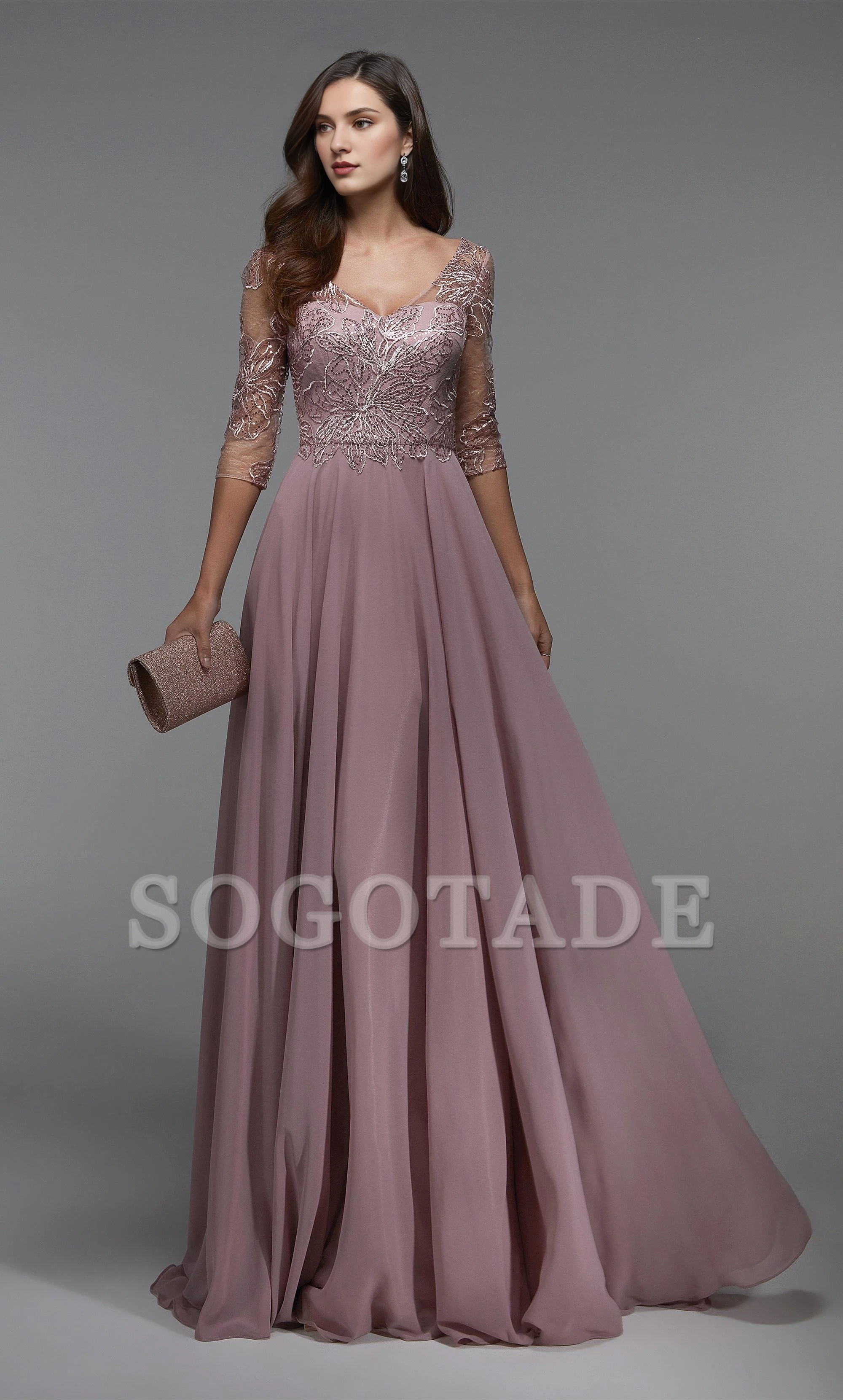 Chiffon lace illusion collar flowing formal long style mothers of the bride dresses