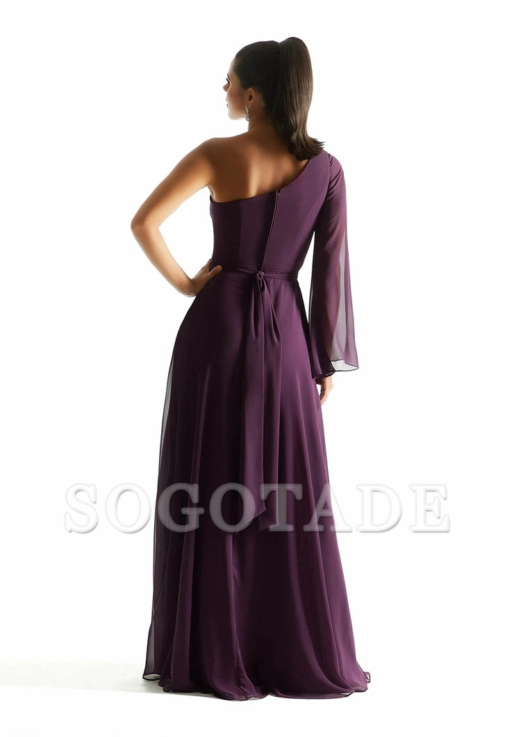 A-line one shoulder neckline snow-white transparent long sleeved bridesmaid dress
