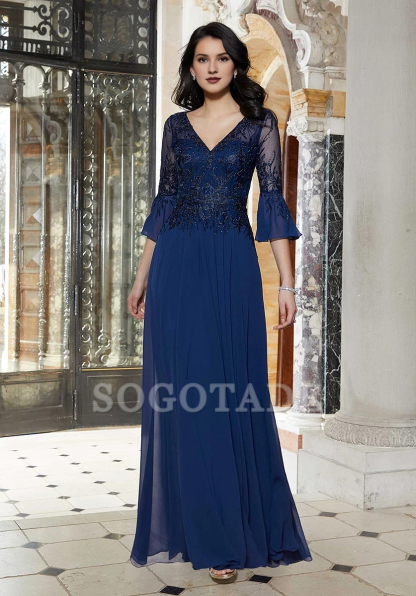 V-neckline transparent elbow sleeves lace and floor length gown evening dresses