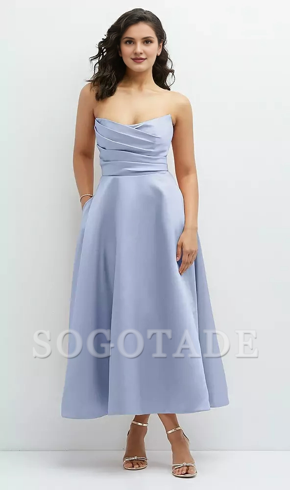 Hanging pleated tight corset strapless satin Prom dress