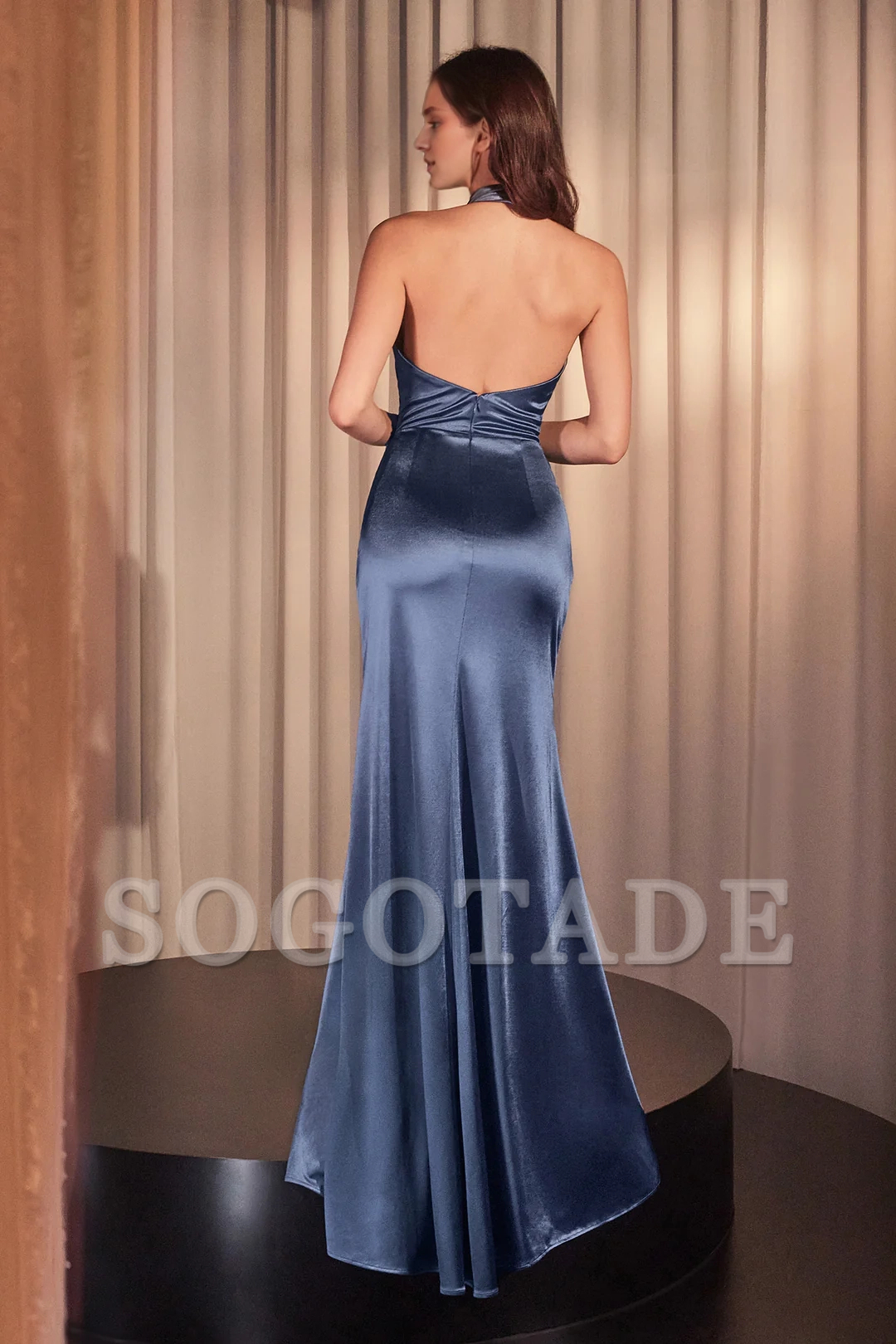 Fitted slit skirt satin hanging neck long dress