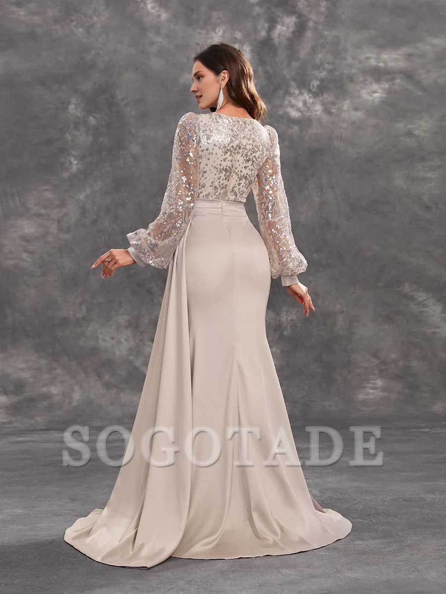 Lantern sleeve wrapped body splicing and ground length godons evening dresses