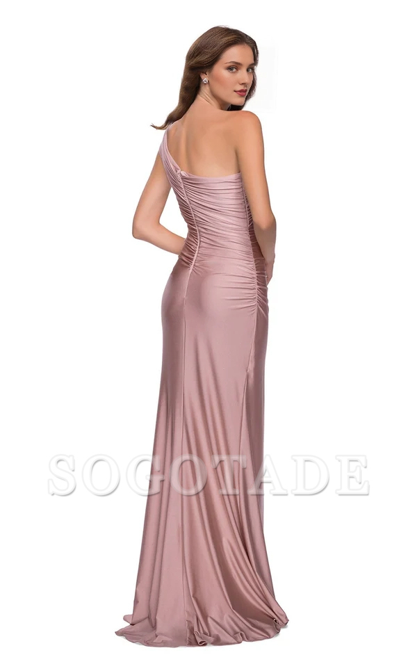 Asymmetric collar sleeveless tight corset with side slits and floor length evening gown
