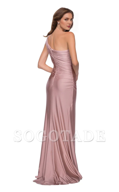 Asymmetric collar sleeveless tight corset with side slits and floor length evening gown