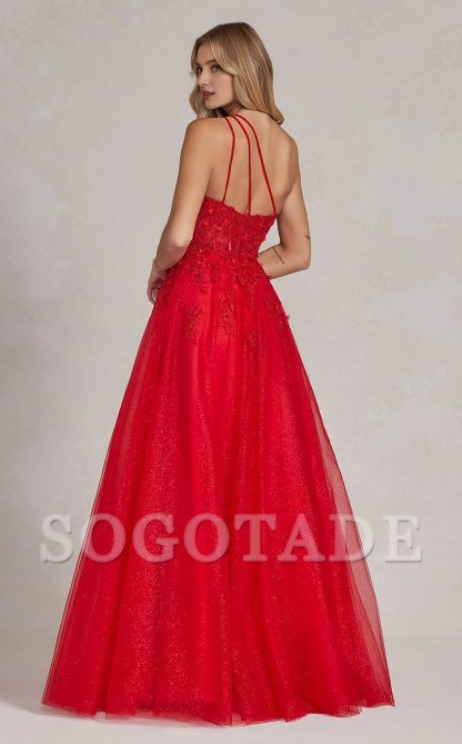 Single shoulder collar lace applique tight corset sheer and floor length Prom dress