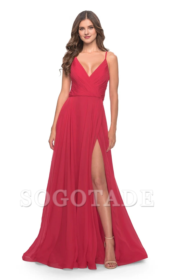 A-line deep V-neck slim shoulder strap tight corset and floor length evening dress-SOGOTADE