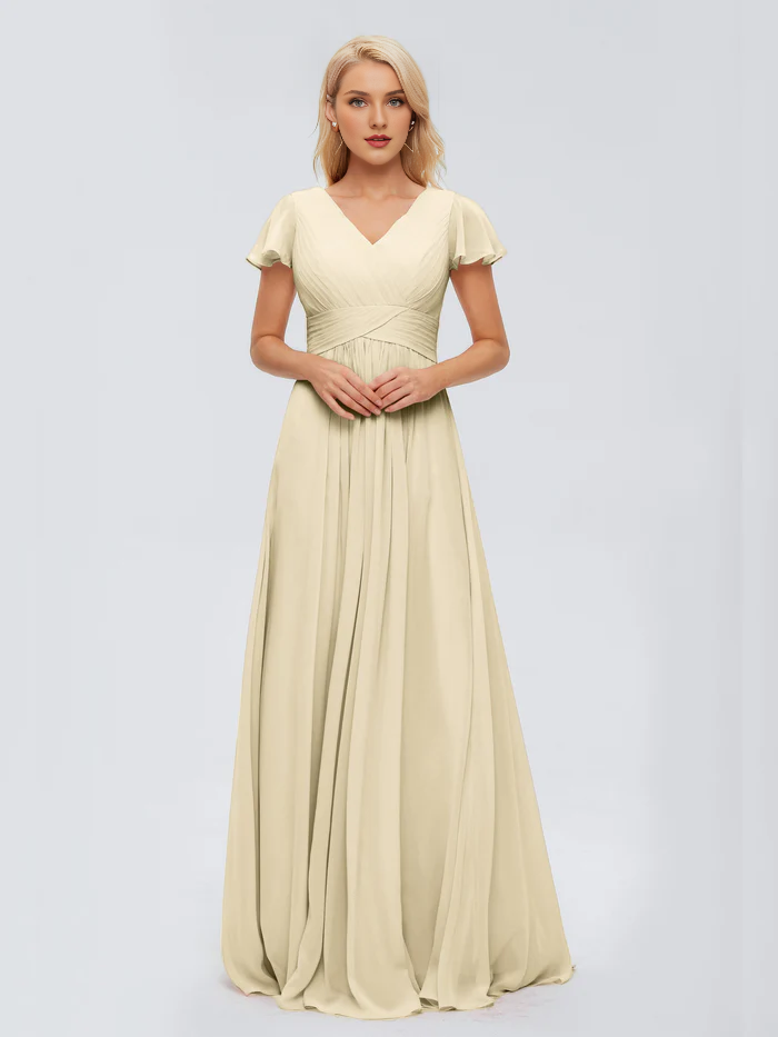 A-line V-neck chiffon and floor length bridesmaid dress