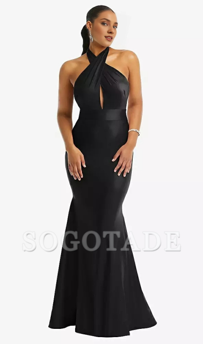 Cross cross hanging neck backless  satin mermaid Prom dress