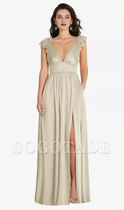 Deep V-neck dual-use shoulder strap with ruffled edge cover sleeve length Prom dress
