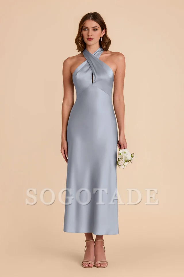 Rear tie neck matte satin and ankle length bridesmaid dress