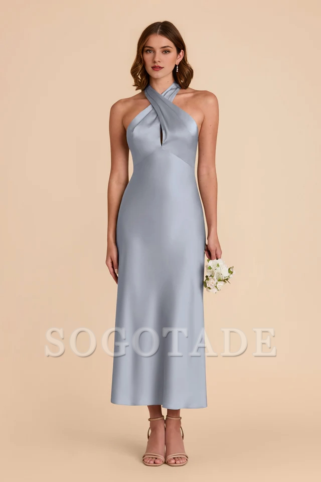 Rear tie neck matte satin and ankle length bridesmaid dress