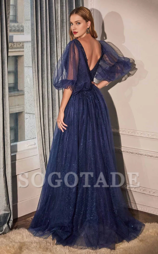 Deep V-neck tight corset lace applique mesh skirt body and floor length Prom dress