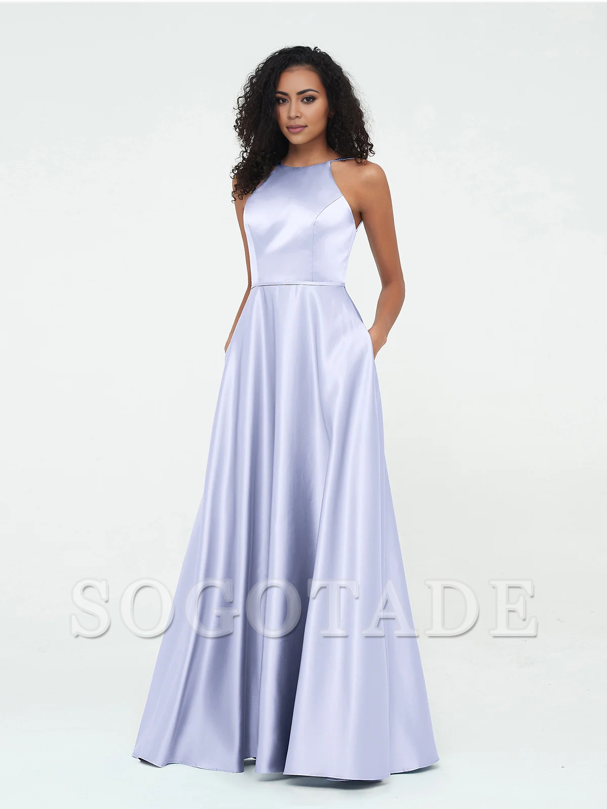 A-line hanging neck large pocket satin dress-SOGOTADE