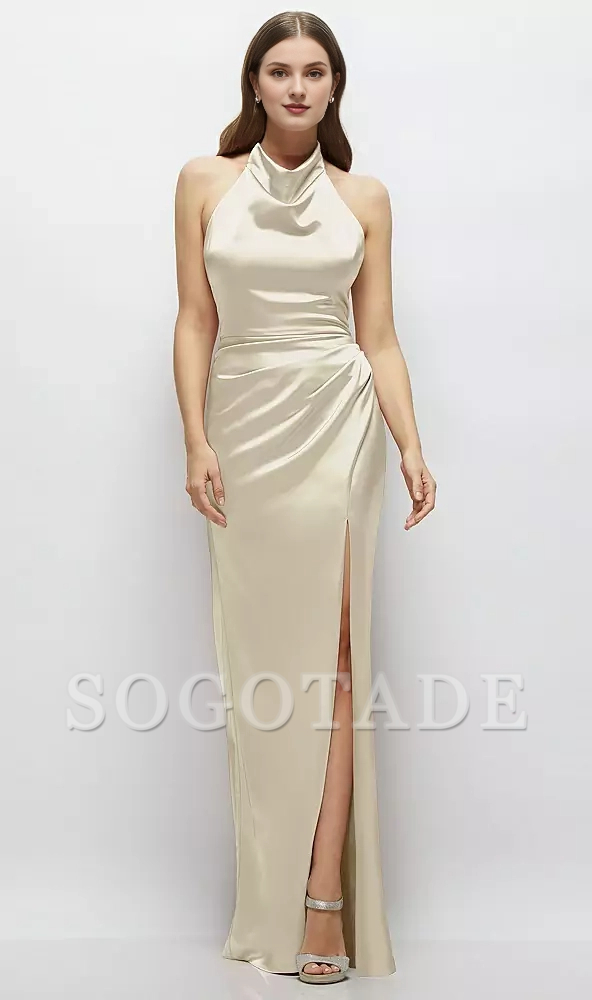 Cowl hanging neck backless satin and floor length bridesmaid dress