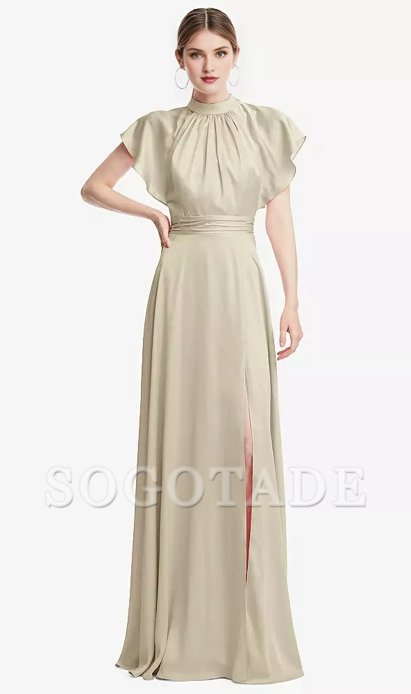 Wrinkled stand collar with ruffled sleeves backless long Prom dress
