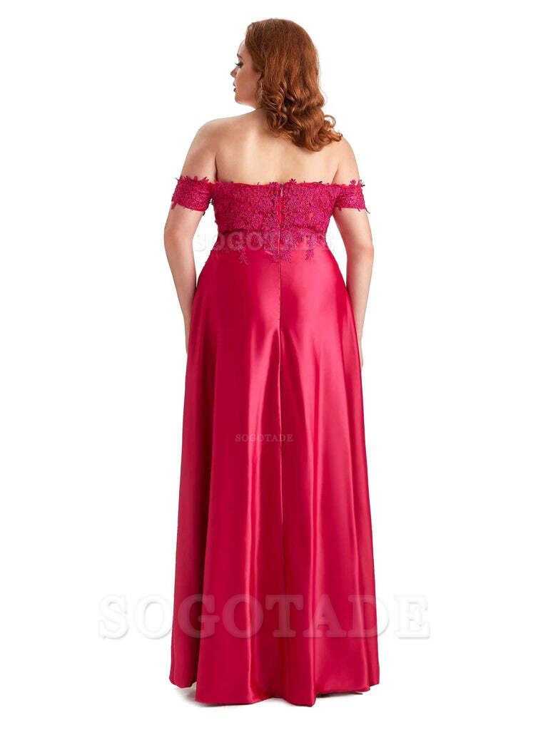 Off Shoulder Side Slit Lace Soft Satin Long Plus Size Bridesmaid Dresses For Wedding
