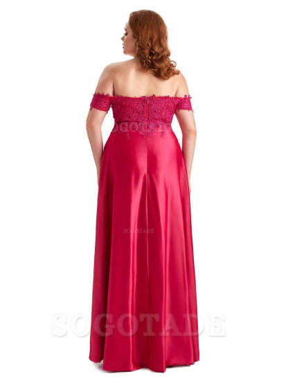 Off Shoulder Side Slit Lace Soft Satin Long Plus Size Bridesmaid Dresses For Wedding