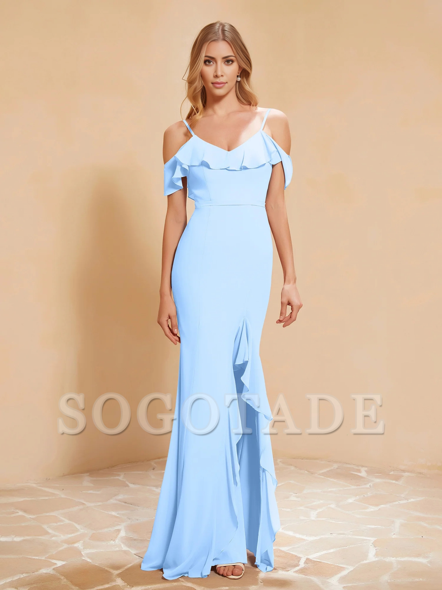 Ruffle V-neck floating sleeve fishtail chiffon dress