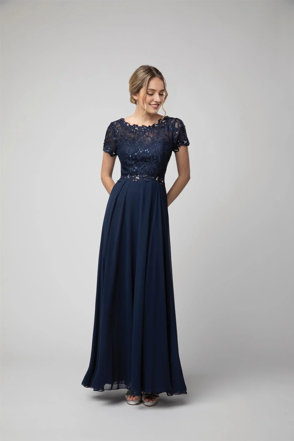 A-line lace tight corset long short sleeved chiffon dress-SOGOTADE