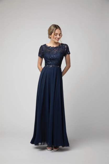 A-line lace tight corset long short sleeved chiffon dress-SOGOTADE