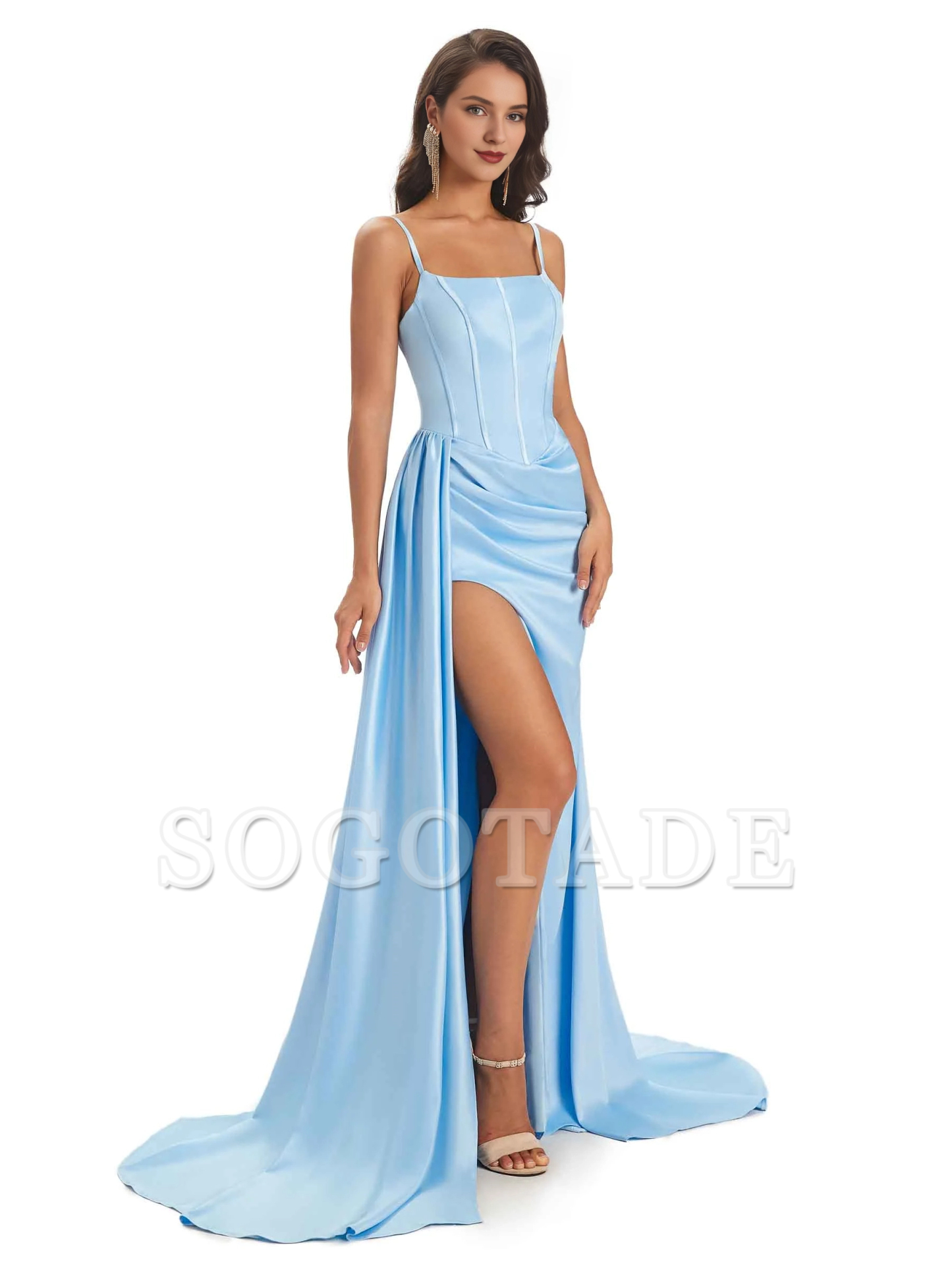 Sexy and soft satin side slit thin shoulder strap long mermaid unique bridesmaid dress