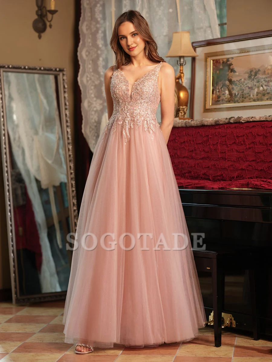 A-line princess V-neck chiffon slit side decal long ball gown