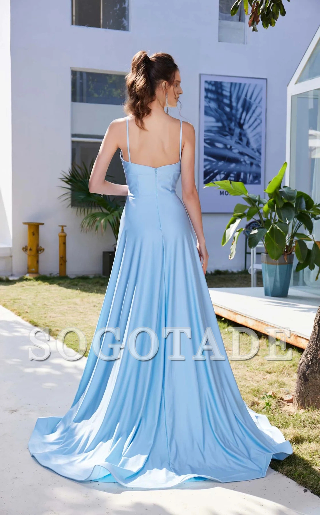 A-line low round neck satin fitted body and floor length evening dress-SOGOTADE