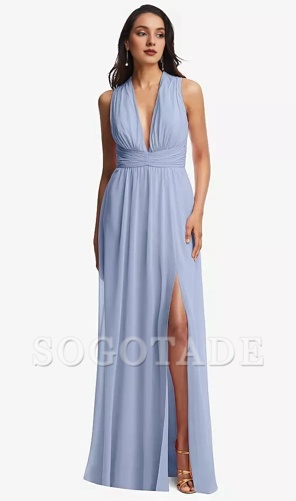 Parallel Crepe Deep V-neck backless Chiffon Long Prom Dress
