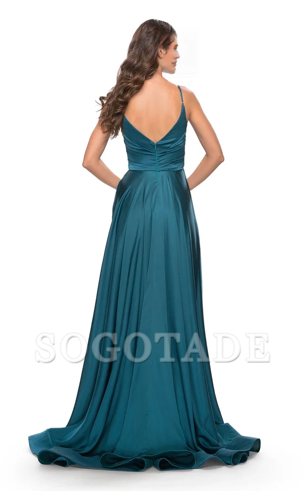 A-line V-neck thin shoulder strap with exposed back side slit and floor length evening dress