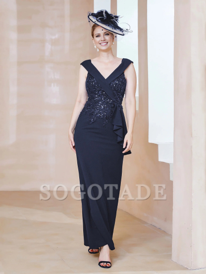 V-neck sleeveless and ground mother of the bride dress