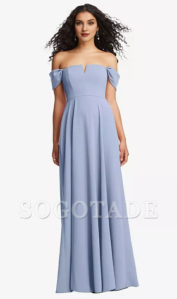 Off shoulder pleated sleeves with A-line extra long Prom dress