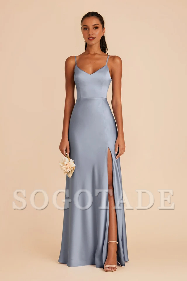 Thin shoulder strap V-neck satin full lining and floor length bridesmaid dress