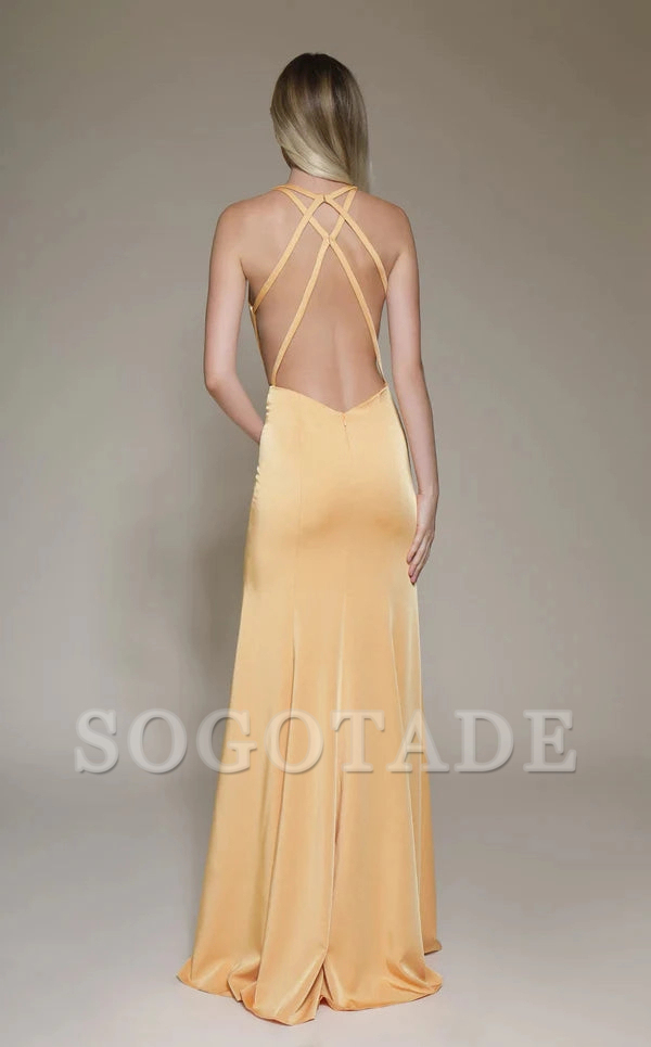 A-line deep V-neck satin and floor length Prom dress-SOGOTADE