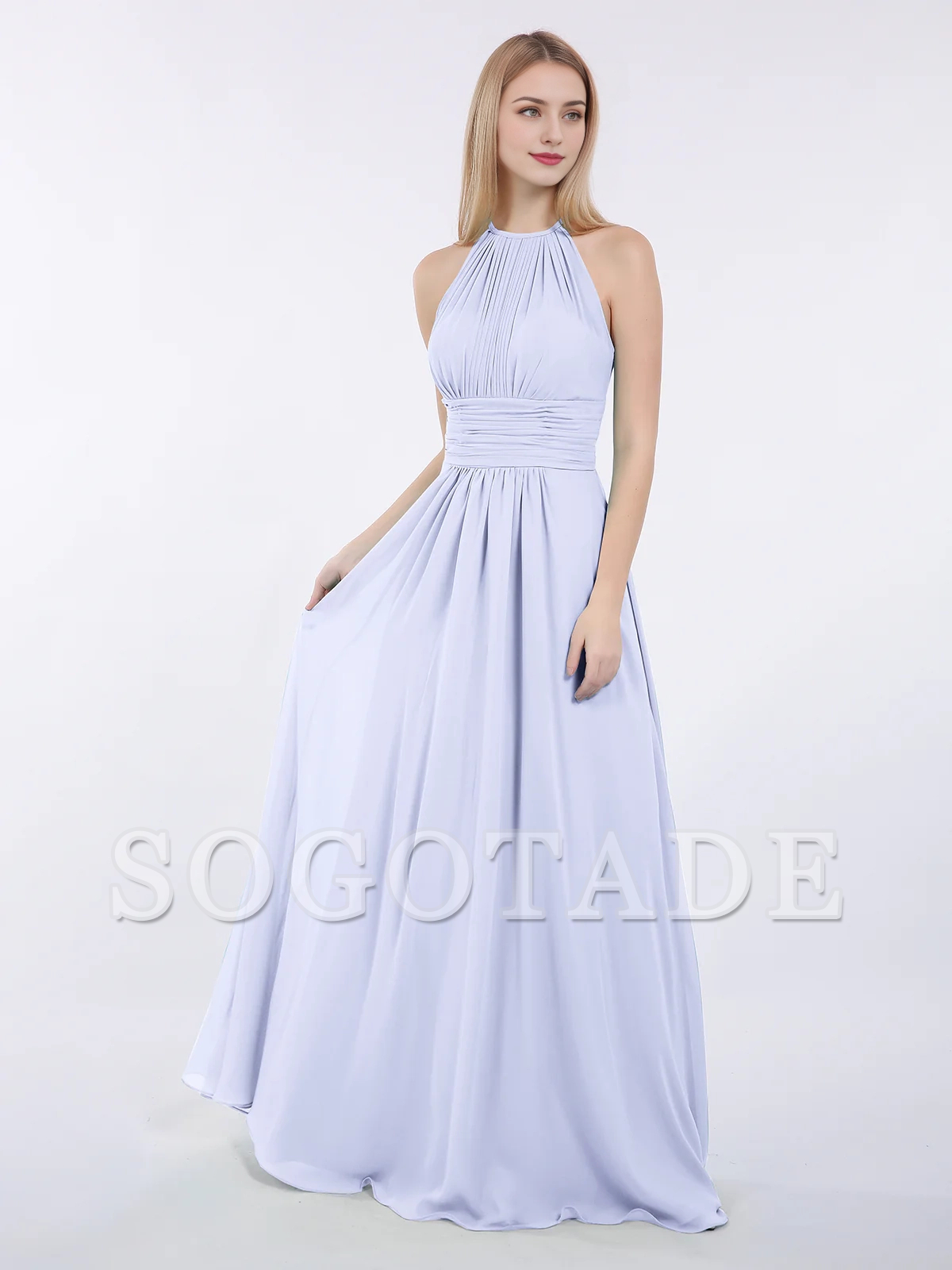 Hanging neck chiffon extra long bridesmaid dress