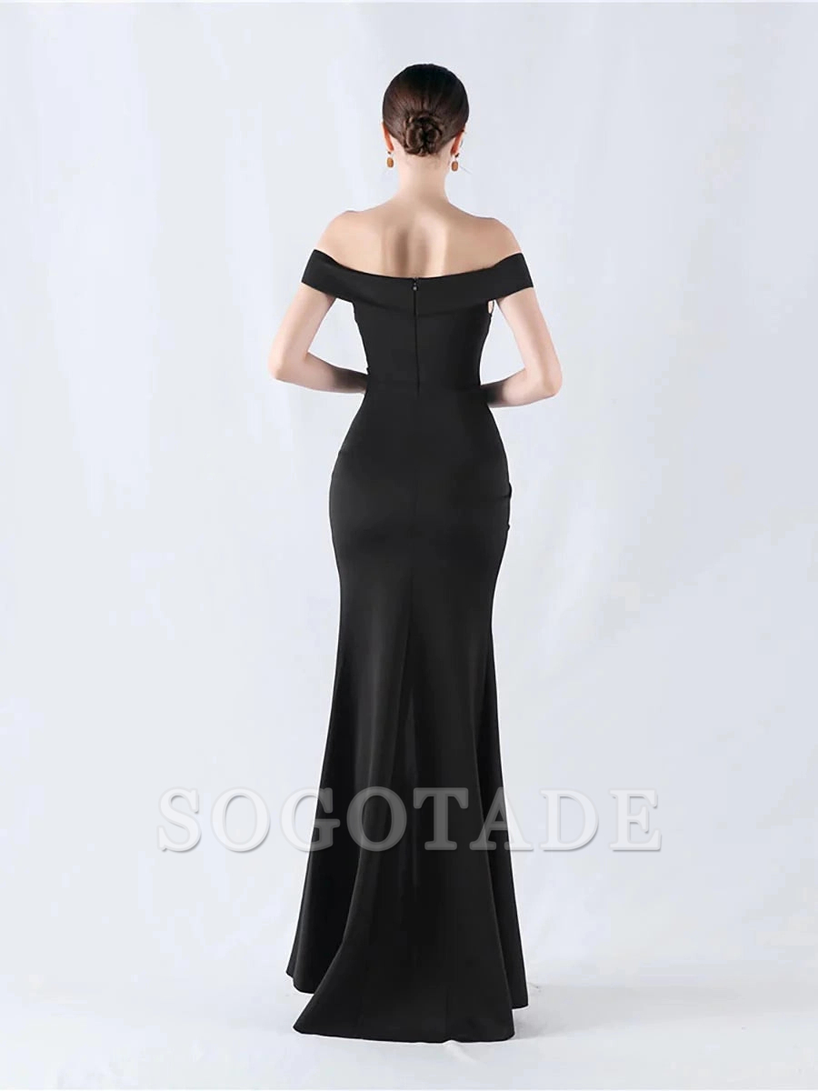 Off shoulder pleated slit and floor length gown evening dresses