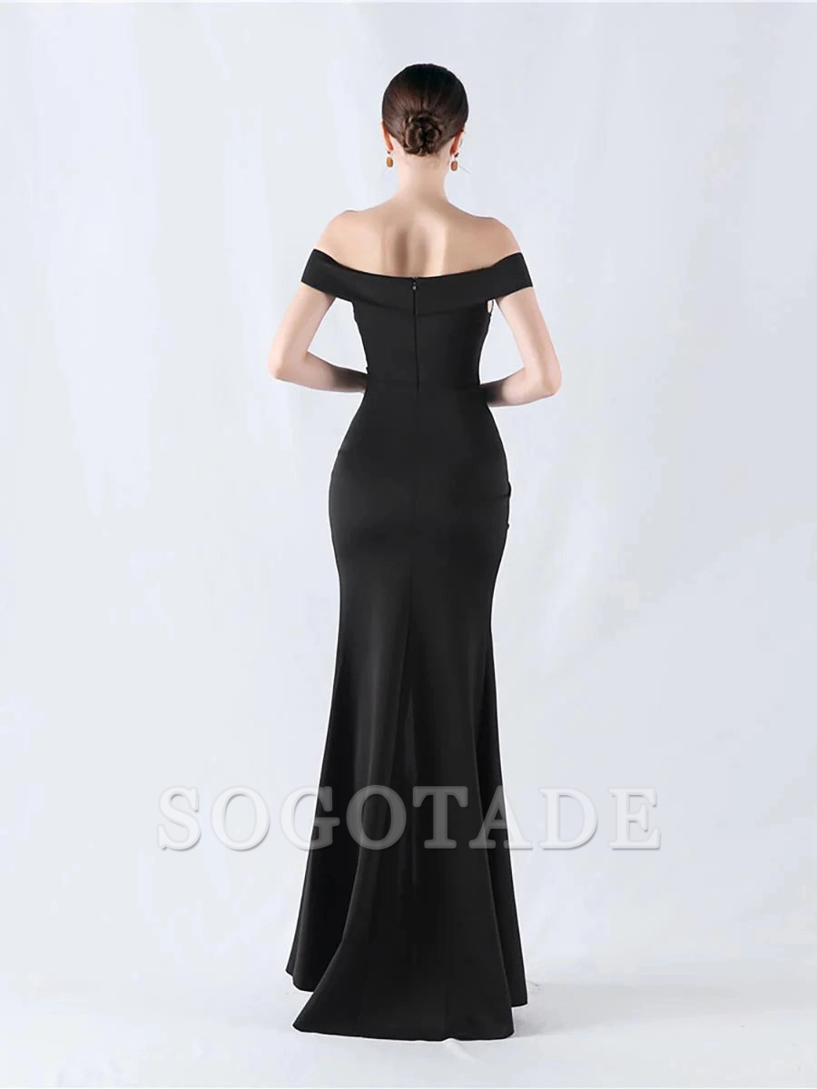 Off shoulder pleated slit and floor length gown evening dresses