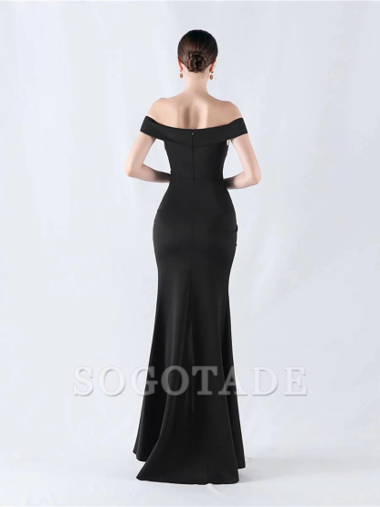 Off shoulder pleated slit and floor length gown evening dresses