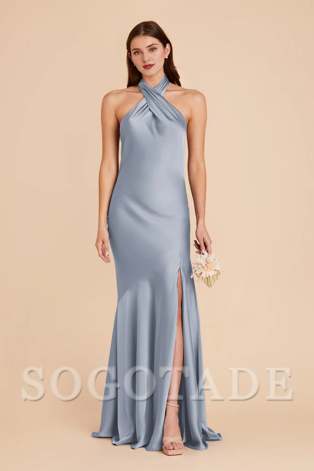 A-line diagonal seam front cross slit hanging neck bridesmaid dress-SOGOTADE