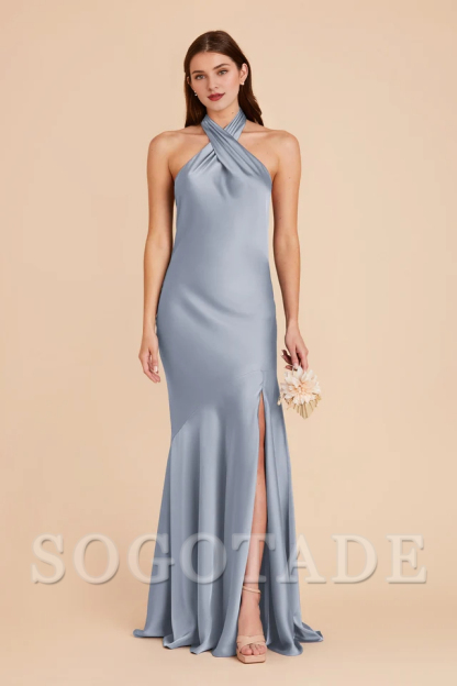 A-line diagonal seam front cross slit hanging neck bridesmaid dress-SOGOTADE