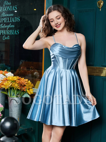 Thin shoulder strap tied with  satin mini Homecoming dress